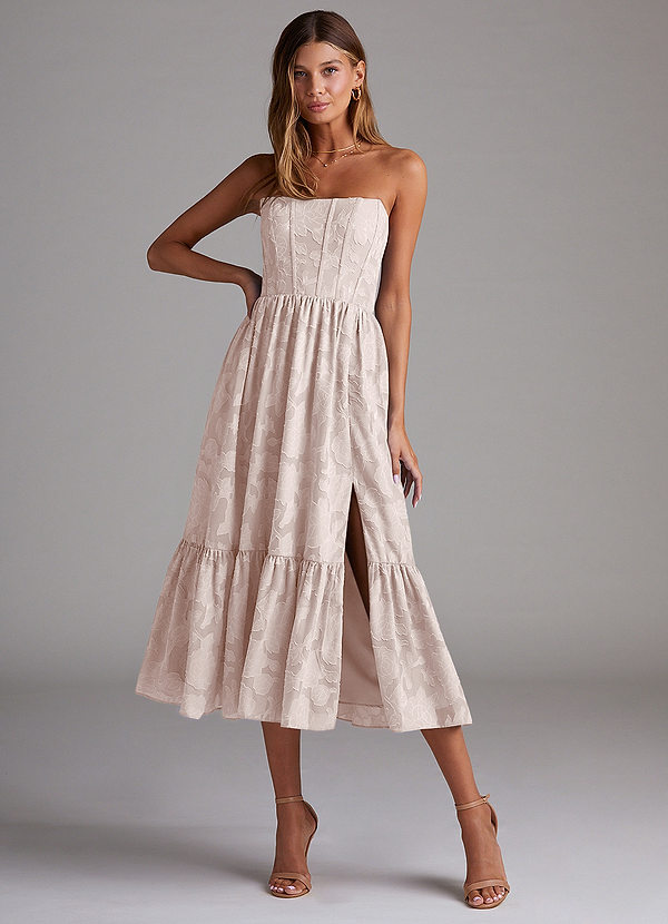 Azazie Delphina Bridesmaid Dresses Blushing Pink A-Line Strapless Floral Burnout Convertible Dress image1