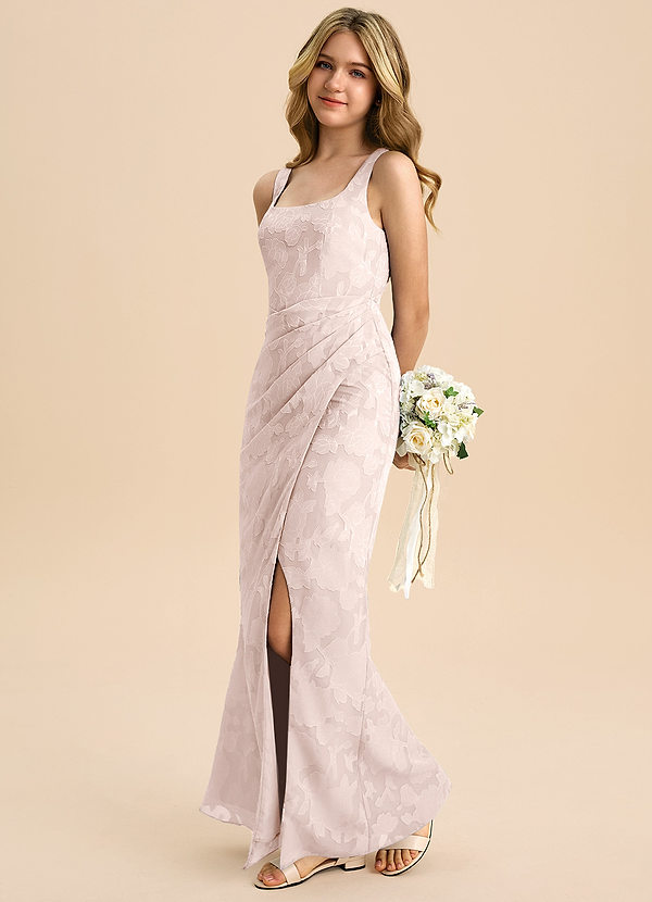 Azazie Mero Junior Blushing Pink Sheath Pleated Floral Burnout Dress image1