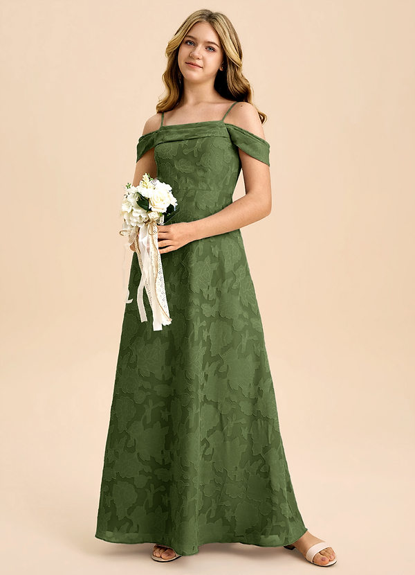 Azazie Anselie Junior A-Linie Schulterfrei Blumen-Burnout Kleid Olivgrün image1