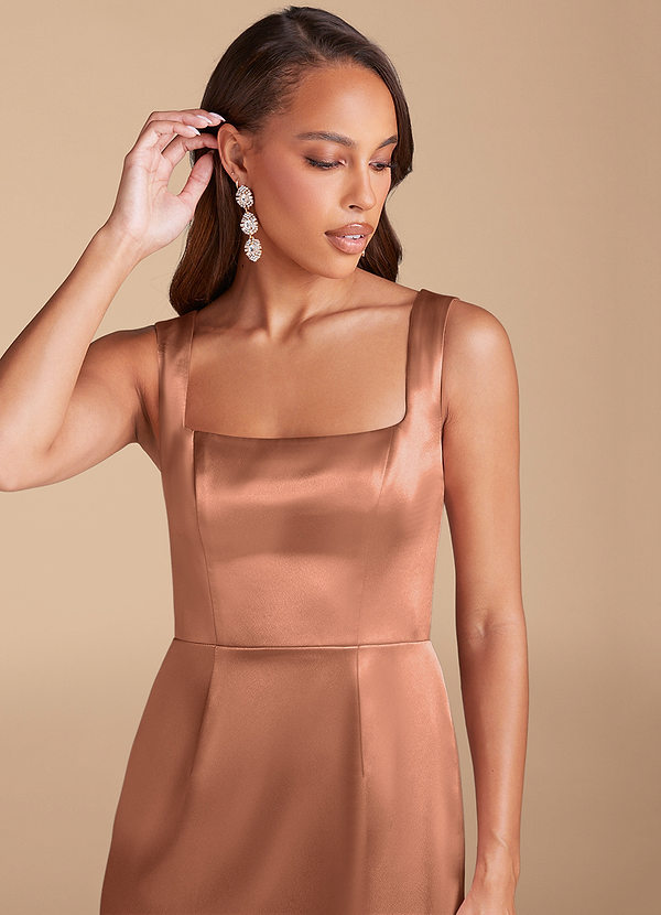 Azazie Flori Bridesmaid Dresses Bronzer Sheath Side Slit Metallic Satin Dress image1