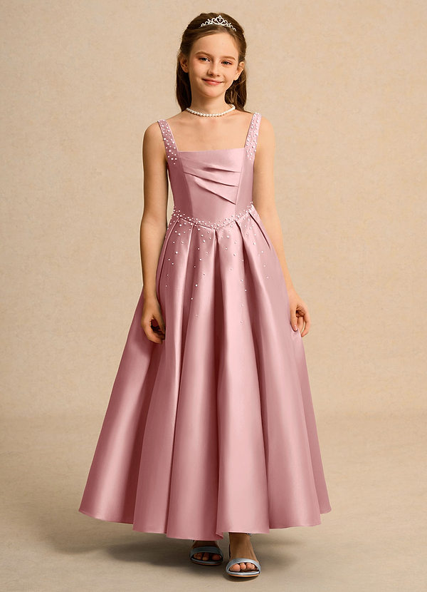 Azazie Mochi Girls Formal Blumenkinder Kleider Ballkleid Plissee Matte Satin Kleid Altrosa image1
