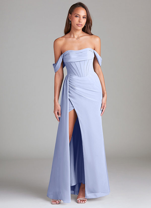 Azazie Amyra Bridesmaid Dresses Ice Sheath Off the Shoulder Chiffon Convertible Dress image1