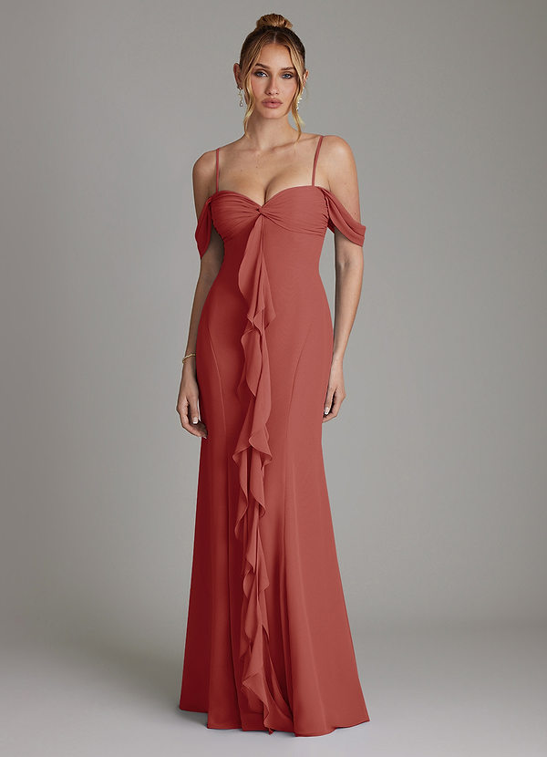 Azazie Karmela Bridesmaid Dresses Terracotta A-Line Off the Shoulder Chiffon Dress image1