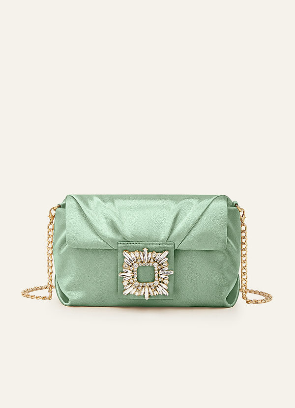 front Bolso de mano de satén elástico a juego con hebilla cuadrada de pedrería.