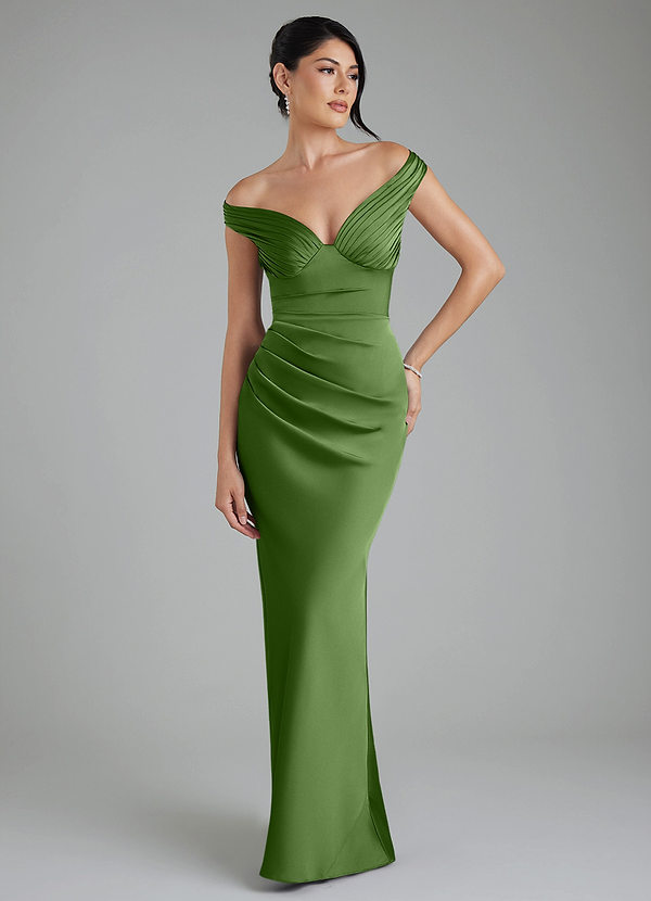 Azazie Stella Robes de demoiselle d'honneur Robe Fourreau Convertible en Satin extensible Corset Basilic image1