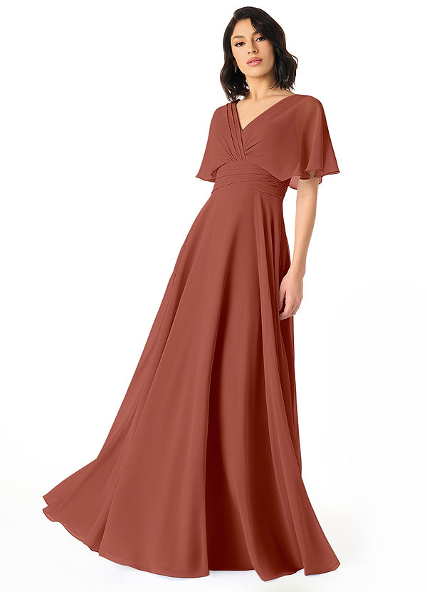 Azazie Pamela Bridesmaid Dresses Robe A-ligne en Mousseline de soie Col V plissé Auburn image1