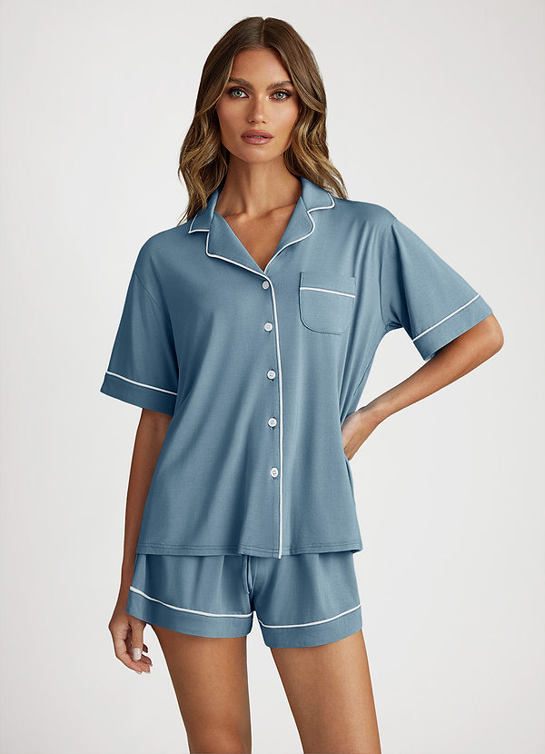 front Dusty Blue Bamboo Fiber Contrast Piping Pajama Set