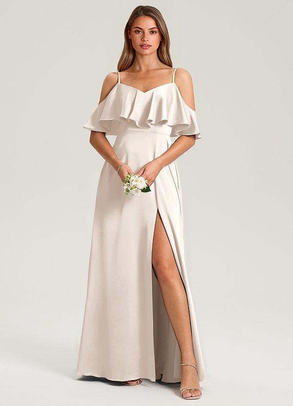 Azazie Jean Bridesmaid Dresses White Alabaster A-Line Off the Shoulder Stretch Satin Dress image1