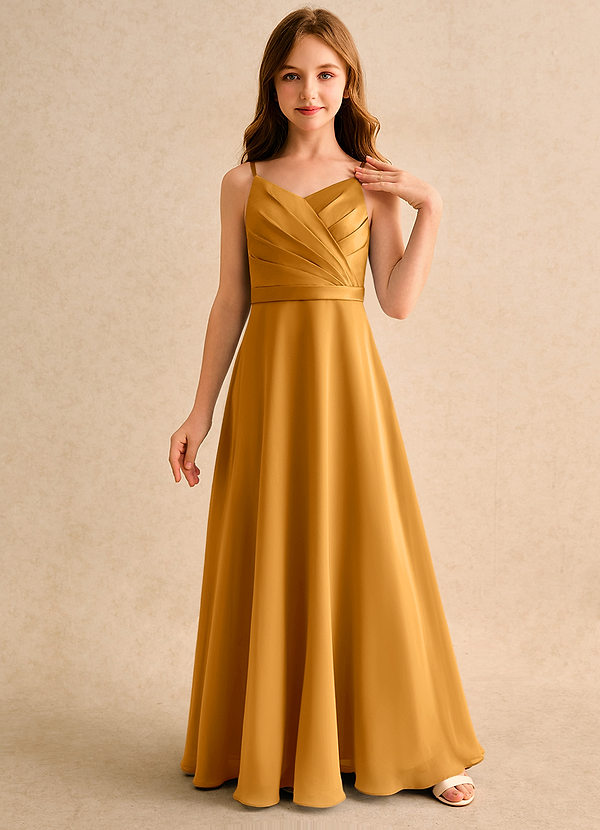 Azazie Umina Girls Formal Bloemenmeisjes Jurken A-Lijn Jurk van Mat Satijn Geplooid Boterbabbelaar image1