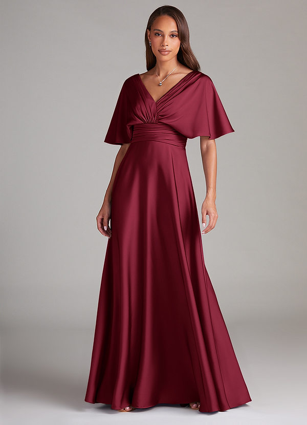 Azazie Pamela Bridesmaid Dresses Burgundy A-Line Pleated Stretch Satin Dress image1