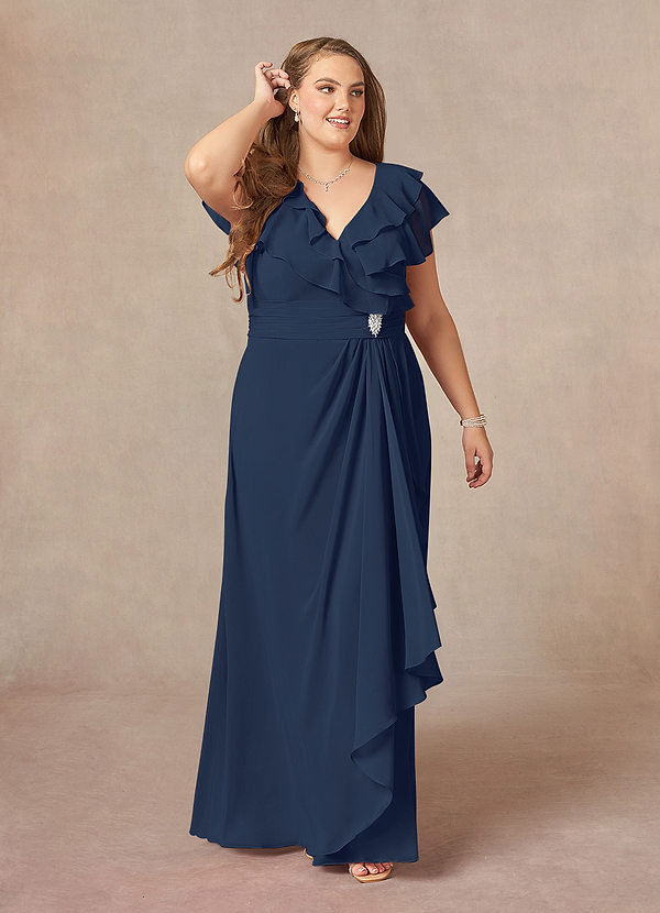 Azazie Snapdragon Mother of the Bride Dresses Dark Navy A-Line V-Neck Ruched Chiffon Dress image1