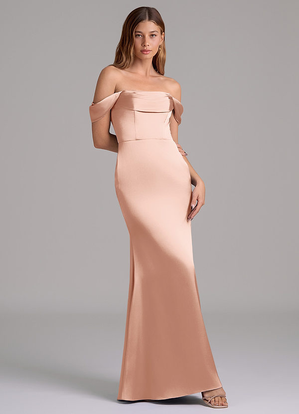 Azazie Miley 신부 들러리 드레스 인어 오프 더 숄더 스트레치 새틴 바닥 길이 드레스 image1