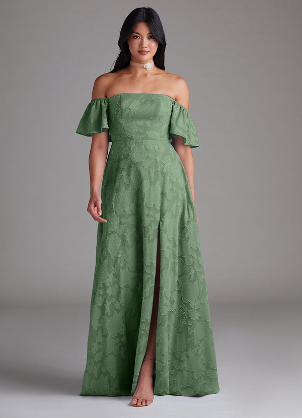 Azazie Sue Bridesmaid Dresses Eucalyptus A-Line Off the Shoulder Floral Burnout Convertible Dress image1