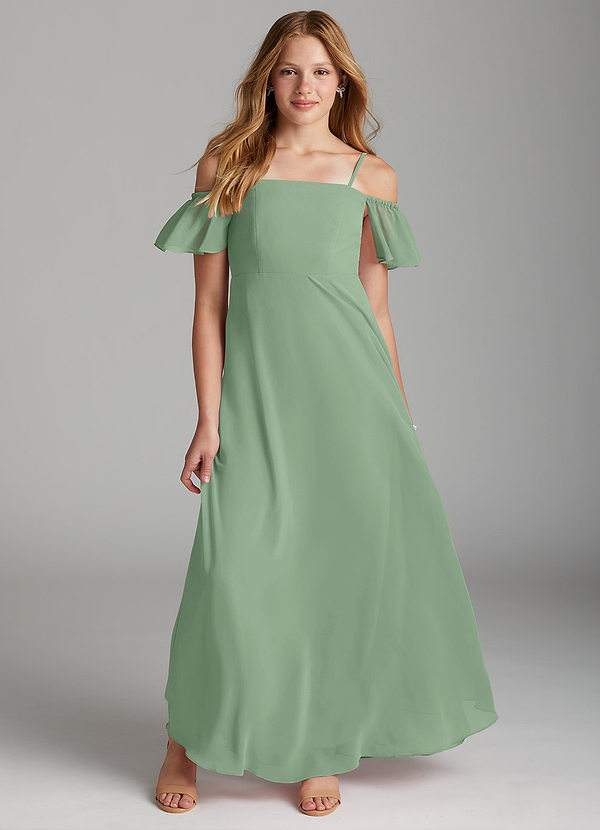 Azazie Sue Junior Abito A-Line in Chiffon a Spalla Scoperta Matcha image1