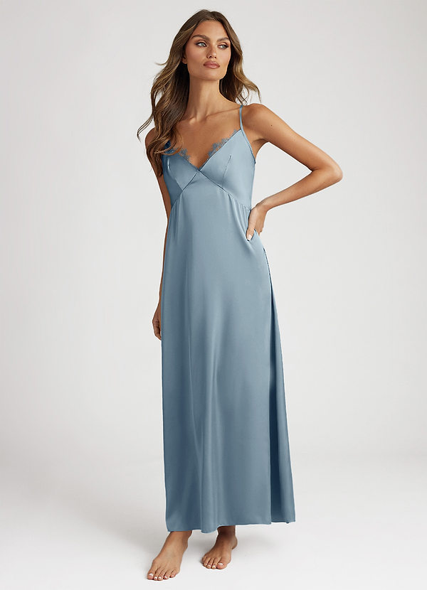 front Zakurzony Niebieski Satin and Lace Midi Slip Dress