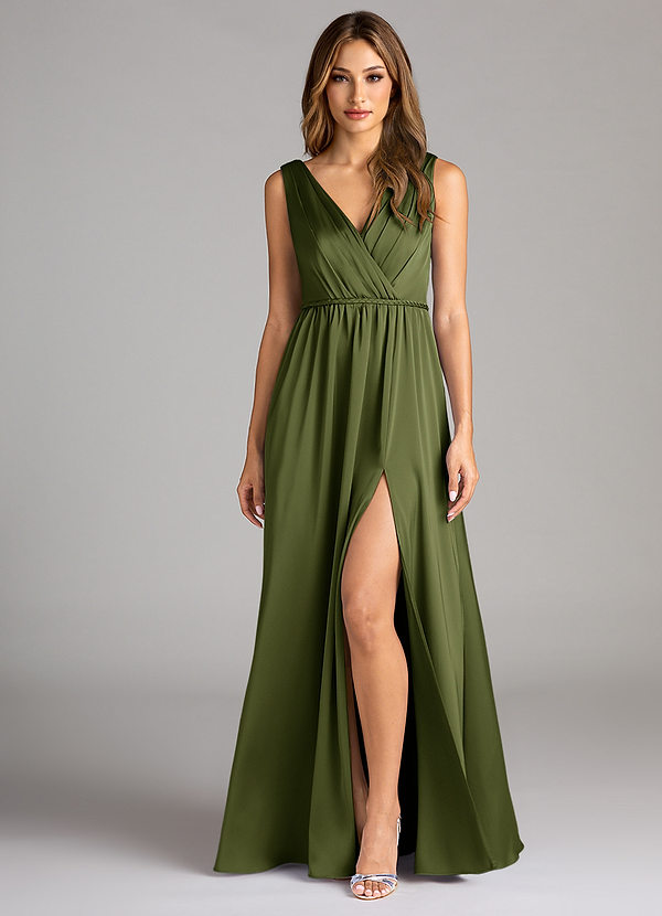 Azazie Tanicia Bridesmaid Dresses Robe Trapèze en Satin extensible Plissée Olive image1
