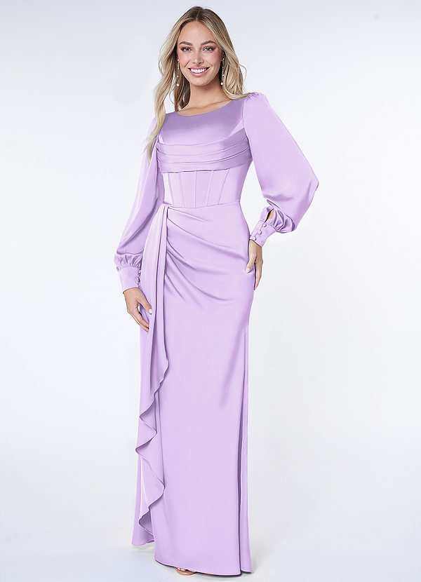 Azazie Raye Bridesmaid Dresses Lilac Fitted Long Sleeve Stretch Satin Dress image1