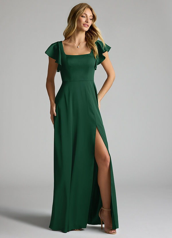 Azazie Bondi Bridesmaid Dresses Dark Green A-Line Bow Stretch Satin Dress image1