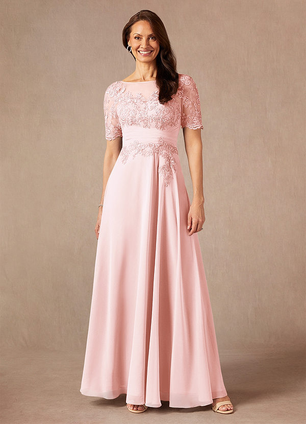Azazie Raissa Robe Mère de la Mariée & du Marié Robe Trapèze en Mousseline de soie Dentelle Rose Pâle image1
