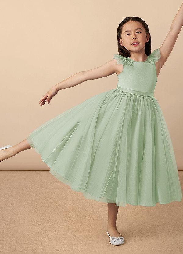 Azazie Dolly Flower Girl Dresses Dusty Sage A-Line Bow Tulle Dress image1