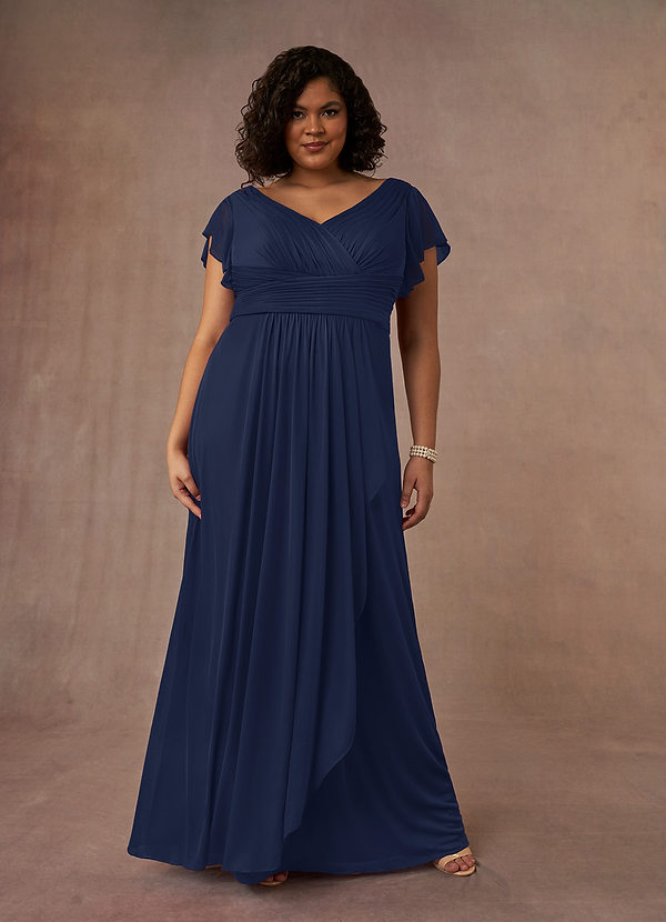 Azazie Reneya Mother of the Brides Dresses Dark Navy A-Line Pleated Mesh Dress image1