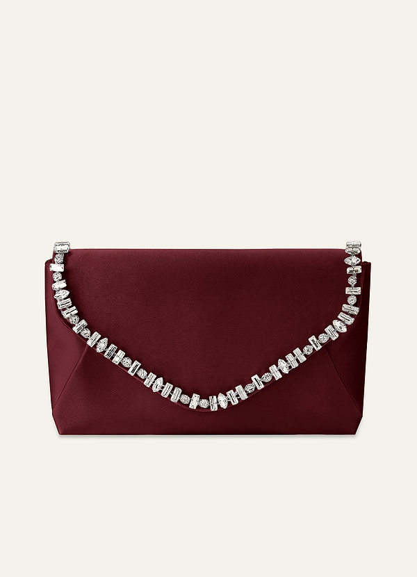 front Matching Color Crystal Trim Satin Evening Clutch Bag with Chain Strap