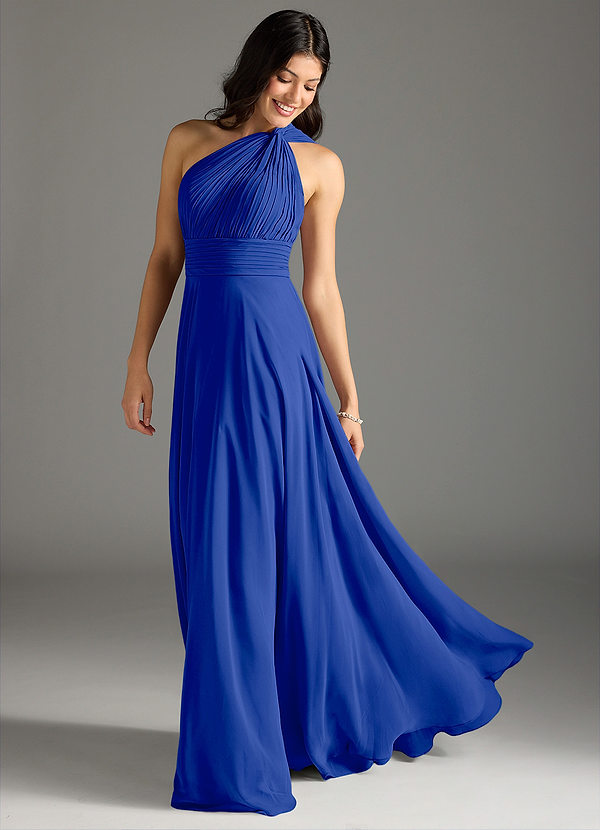 Azazie Charlize Robes Demoiselle d'honneur Robe Trapèze en Mousseline de soie Ue épaule Bleu Roi image1