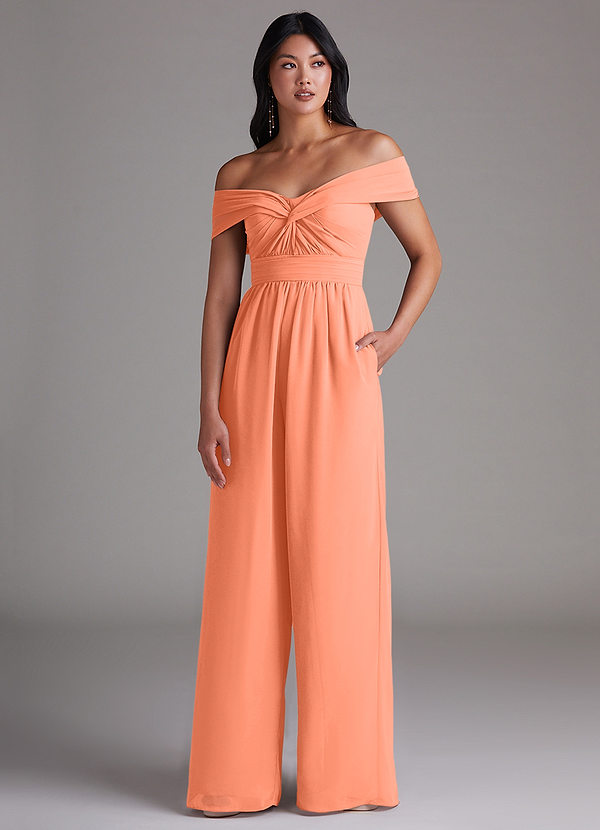 Azazie Lamara Robes Demoiselle d'honneur Combinaison Convertible en Mousseline de soie Épaule décolletée Coucher De Soleil image1