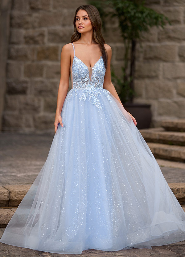 Finesse Blue A-line Princess V Neck Tulle Prom Dress with Appliqued Beading Glitter image1