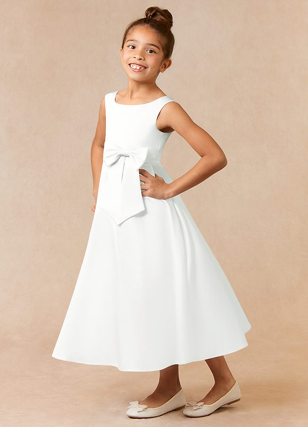 Azazie Lindy Flower Girl Dresses Ivory A-Line Pleated Matte Satin Dress image1