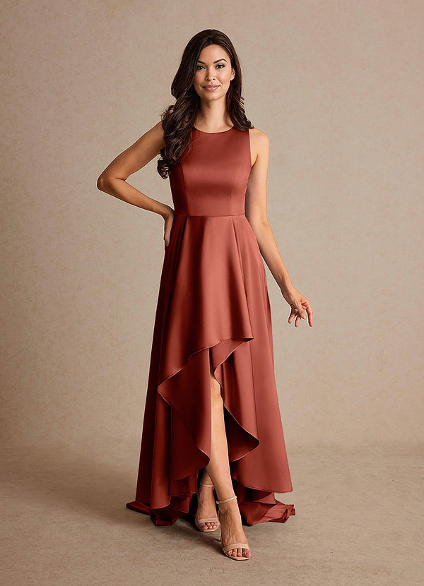 Azazie Niles Robe Mère de la Mariée & du Marié Robe Trapèze en Satin extensible Traînes Terracotta image1