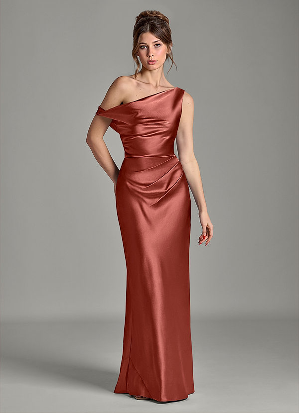 Azazie Emerson Robes Demoiselle d'honneur Robe Sirène en Satiné métallisé Épaule décolletée Terracotta image1