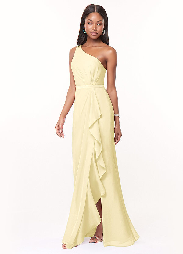 Azazie Liza Bridesmaid Dresses Lemon Sorbet Mermaid One Shoulder Chiffon Dress image1