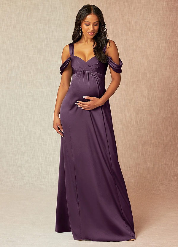 Azazie Rhea Maternity Bridesmaid Dresses A-Line Off-The-Shouler Pleated Stretch Satin Floor-Length Dress image1