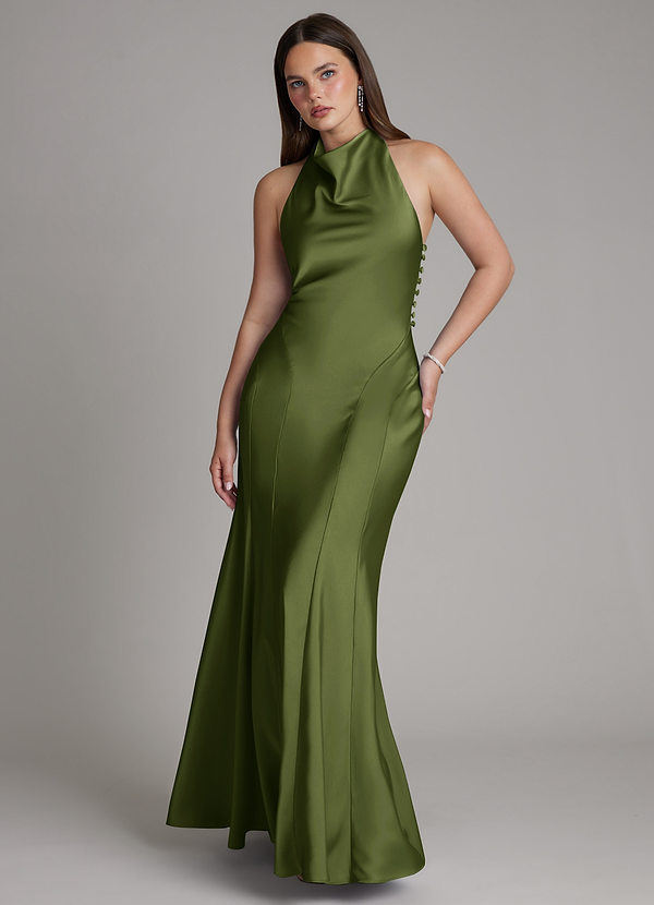 Azazie Sahara Bridesmaid Dresses Olive A-Line Pleated Stretch Satin Dress image1