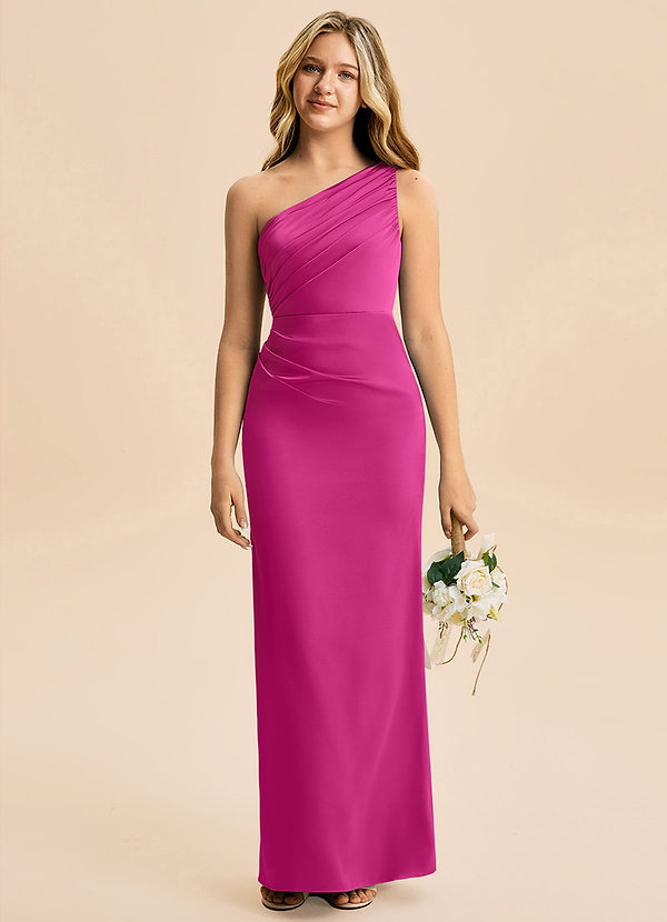 Azazie Akilah Junior Vestido de Fucsia de Satén Elástico de Corte Recto con Plisado image1