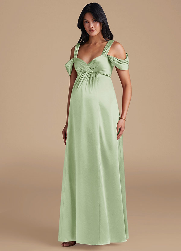 Azazie Rhea Maternity Bridesmaid Dresses Vestir Linha A Plissado Comprimento do chão Cetim Metálico image1