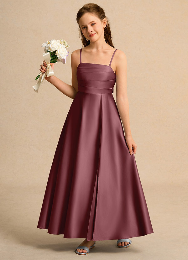 Azazie Pebbles Junior Formal Flower Girl Dresses Desert Rose A-Line Pleated Matte Satin Dress image1