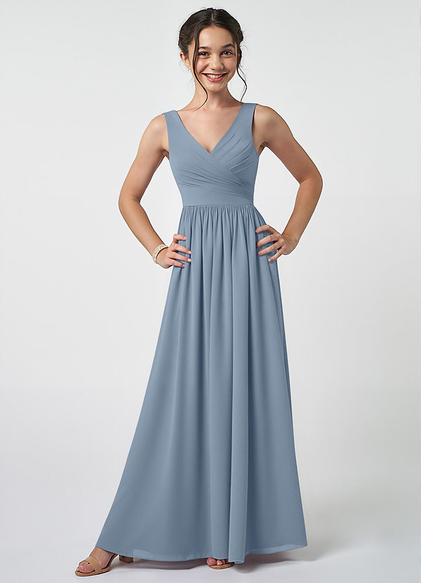 Azazie Keyla Junior Dusty Blue A-Line Pleated Chiffon Dress image1