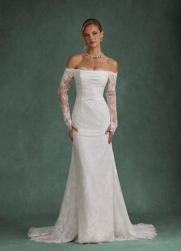 Azazie Kathleen Abiti da Sposa Abito A-Line in Pizzo Spalle Scoperte Bianco Diamante image1