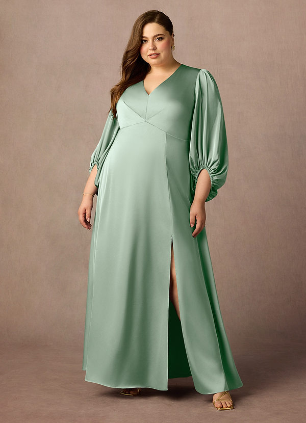 Azazie Luna Mother of the Brides Dresses Agave A-Line Pleated Stretch Satin Dress image1