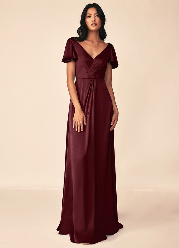 Azazie Soren Robes Demoiselle d'honneur Robe Trapèze en Satin extensible Plissée Cabernet image1