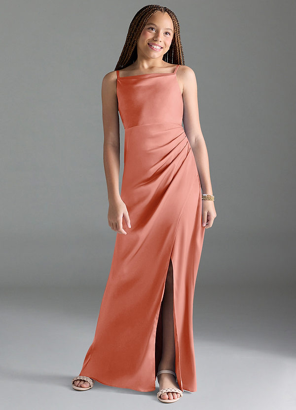 Azazie Leonis Junior Linia A Pofałdowany Satyna elastyczna Długość podłogi Młodsza druhna Sukienka image1