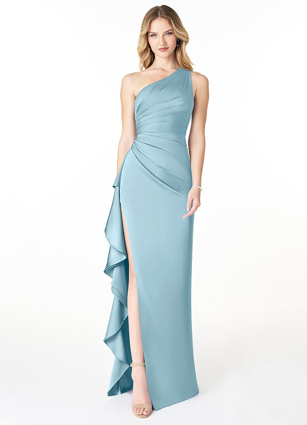 Azazie Latrice Bridesmaid Dresses Sheath One Shoulder Cascading Ruffles Stretch Satin Floor-Length Dress image1