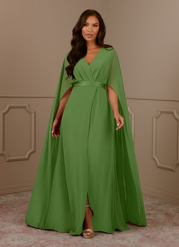 Azazie Isa Robe Mère de la Mariée & du Marié Robe Trapèze en Mousseline de soie Col V plissé Basilic image1