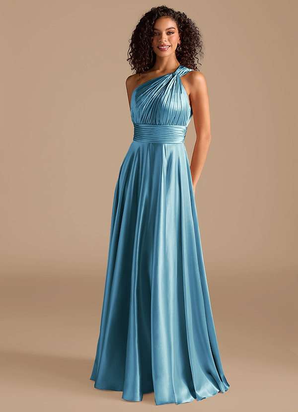 Azazie Charlize Bridesmaid Dresses Steel Blue A-Line One Shoulder Metallic Satin Dress image1