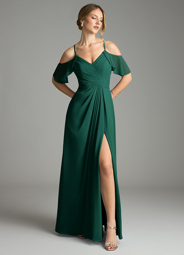 Azazie Dakota Bridesmaid Dresses Emerald A-Line V-Neck Pleated Chiffon Dress image1