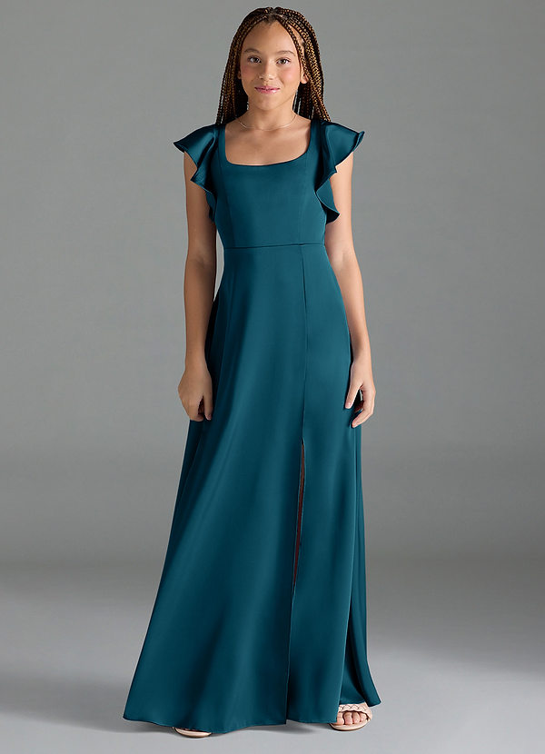 Azazie Bondi Junior Ink Blue A-Line Side Slit Stretch Satin Dress image1