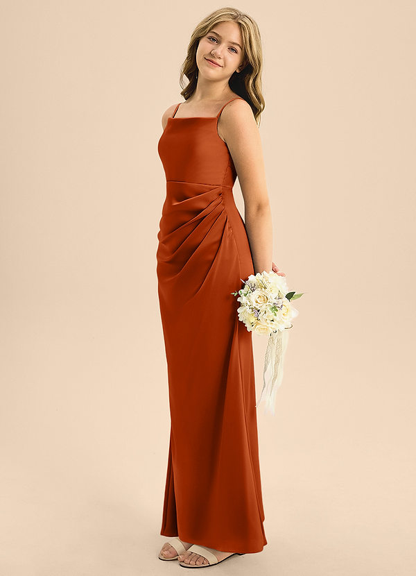 Azazie Renna Junior A-Linie Plissee Stretch-Satin Kleid Gebranntes Orange image1