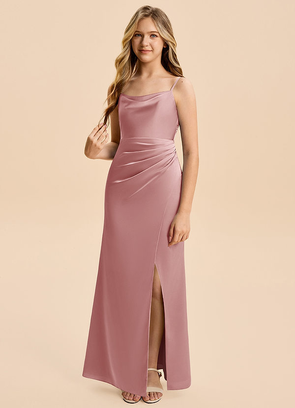 Azazie Christen Junior Abito Tubino in Raso Elasticizzato Plissettato Rosa Polverosa image1